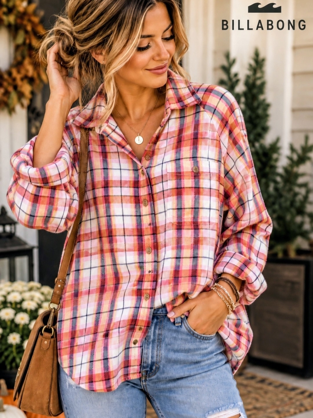 NWT Billabong Feminine Pink Coral Plaid Flannel L 100% Cotton Cabincore Boho